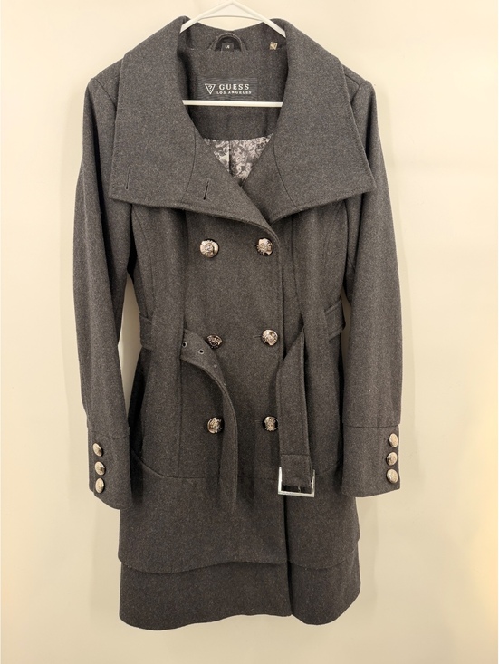 Guess Jackets & Blazers - GUESS Los Angeles Y2K Charcoal Gray Wool Blend Ruffle Belted Coat Women’s L